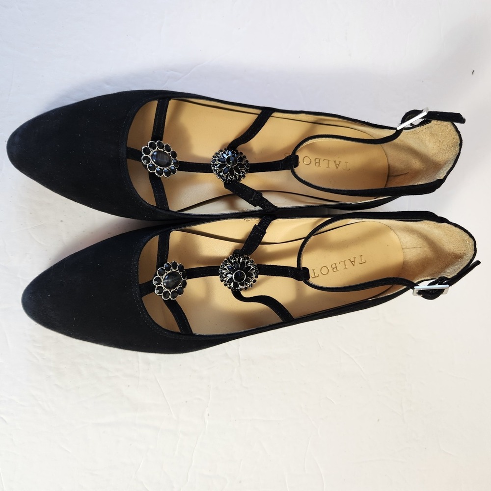 Talbots Womens Black Suede Edison Shoes Size 6.5 M Strappy Jewel Mary Jane Flats - Picture 13 of 16
